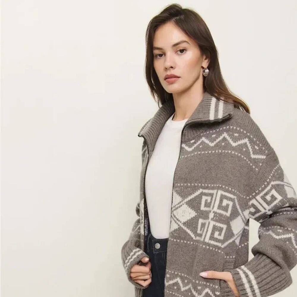 Reformation 100% Merino Wool Mariposa Sweater Size Small Brown White Fair Isle - Picture 2 of 6